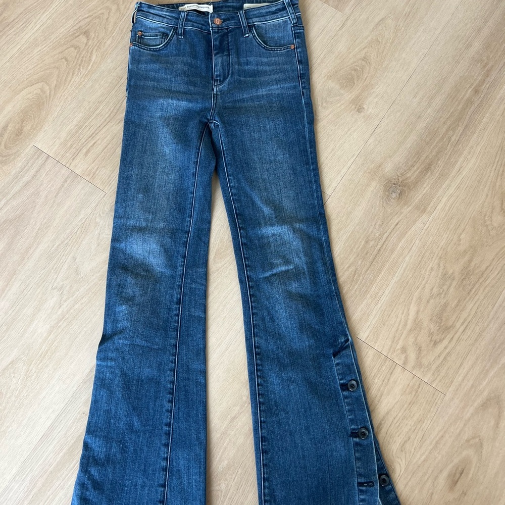 Women's Dark Blue Flared Jeans with Side Button Detail